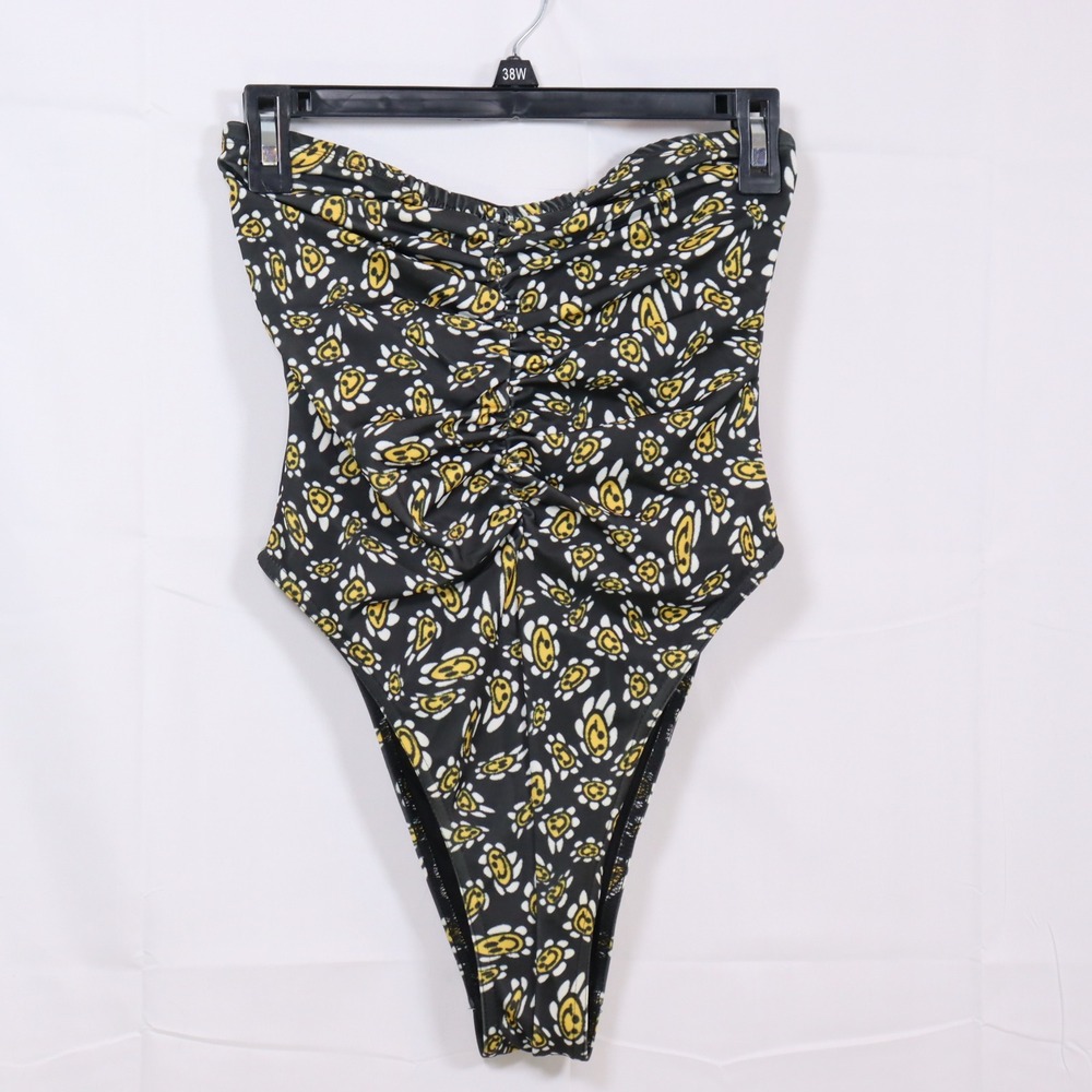 Collusion Strapless One Piece Swimsuit 4 Black Smiley Face Women Ruched Monokini